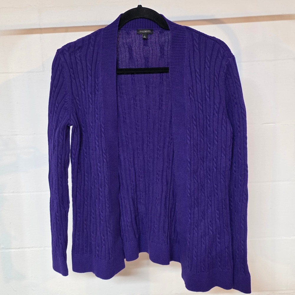 Talbots Womens Small Purple Cable Knit Open Front Cardigan Long Sleeve Sweater